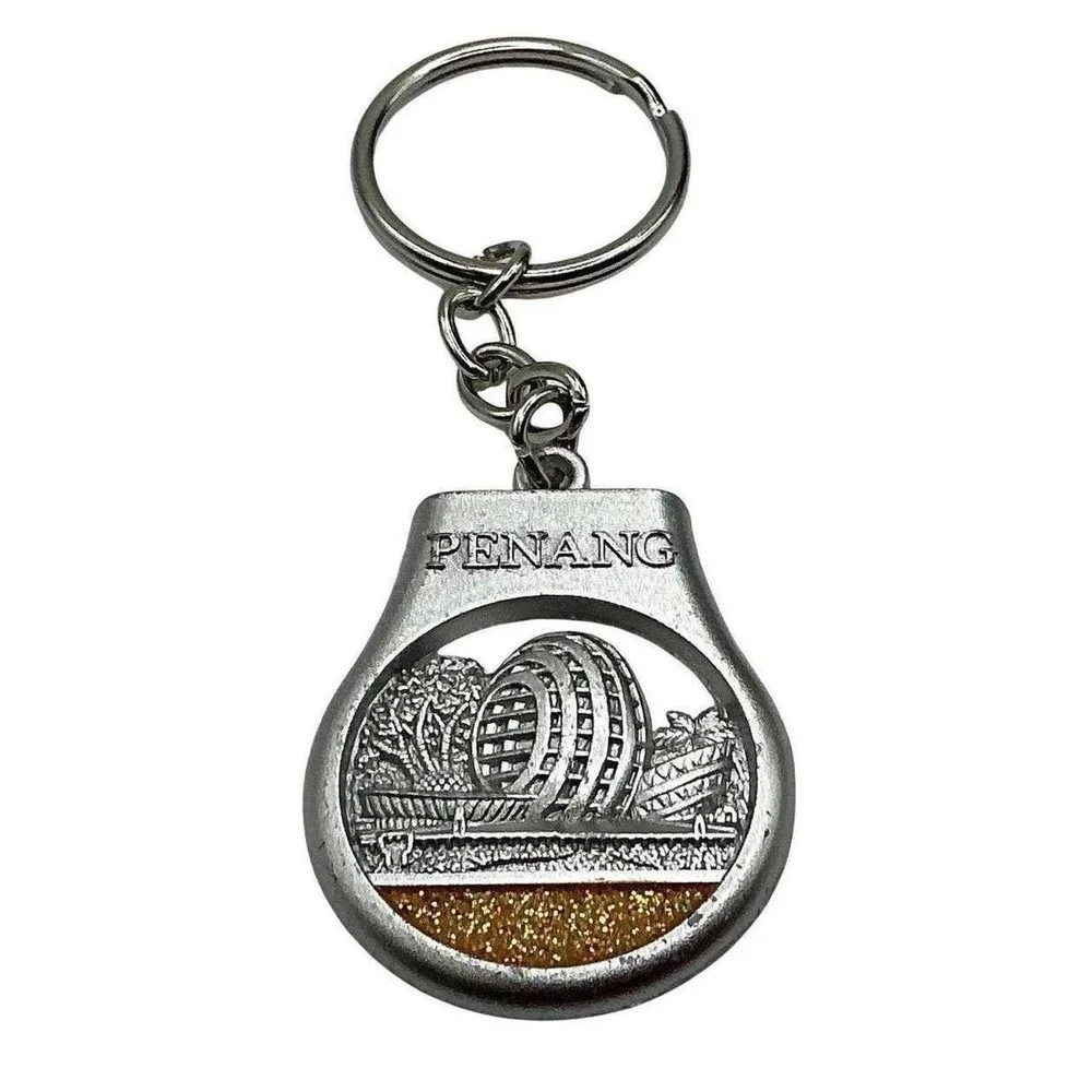 Penang Malaysia Souvenir Keychain Silver Tone Landmark Gold Glitter